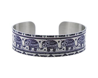 Elephant jewellery cuff bracelet, metal bangle with blue elephants. Animal elephant gifts, secret message jewelry gifts for her. B172