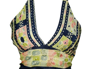 Sexy Stylish Crop Top Recycled Silk Tie Back Printed Vintage Halter Tops Blouse One Size