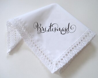 Bridesmaid lace wedding handkerchief, printed, wedding favor, cotton lace, gift boxed