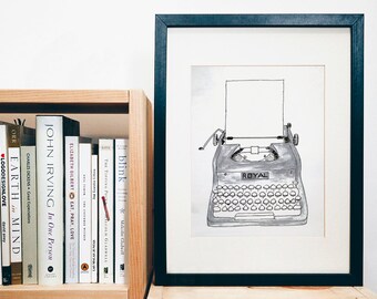 PRINT of original art - royal typewriter - black and white - print of a gouache painting
