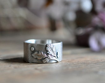 Sterling Silver leaf Ring, Oxidised Metalwork Oak Leaf Ring, Wide Band Ring