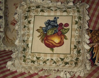 French Country Petit point Needlepoint Fruit Ivy Pillow Cover