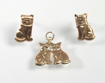Siamese Cat Post Earrings 14K Yellow Gold with Necklace Pendant