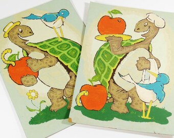 Vintage Paint by Number Turtles - Set of 2 - Nursery Art