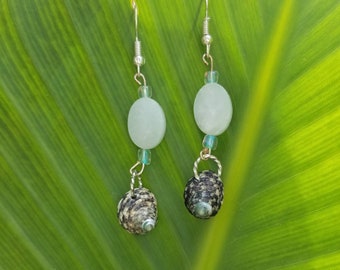 Silver Fishhook Earwires with Beached Shell with White Glass Beads