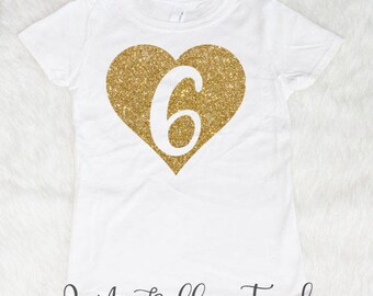 6 Heart Birthday Shirt, Birthday Girl Shirt, Six Year Old Birthday Shirt, Six and Sassy, Glitter Birthday, 6th Birthday Shirt Sixth Birthday