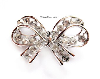 Vintage Rhinestone Bow Pin, Silver Ribbon Brooch