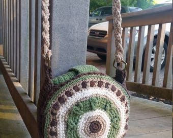100% Cotton Hand Made Crocheted Purse, Earth Mandala, Circular Boho Bag, Round Shoulder Strap Saddlebag