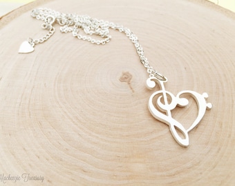 Music Necklace/ Music Note Necklace/ Heart music necklace/Music Lover Necklace - G clef Necklace - Silver music note necklace
