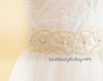 Pearl Beading Cotton Lace with Ivory Satin Ribbon Sash, Bridal Sash, Bridesmaid Sash , Wide Sash / SH-38