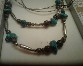 Vintage Handmade Double Strand Southwestern Necklace of Faux Turquoise and White Metal Beads