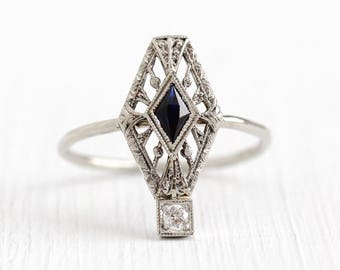 1920s Filigree Ring - Antique 14k White Gold Diamond Created Blue Sapphire Stick Pin Conversion - Vintage Art Deco 1920s Size 6 Fine Jewelry