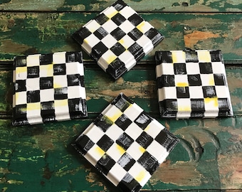 whimsical coasters/checked coasters/whimsical check design/wooden coasters