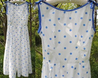50s Cotton Dress - Vintage 1950s Polka Dot Day / Summer Dress - Blue & White Polka Dots