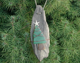 Driftwood Ornament, Sea Glass Ornament, Handmade Ornament, Christmas Tree, Coastal Christmas, Rustic Ornaments