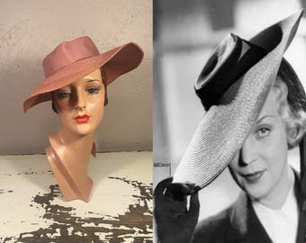 A Casablanca Decision - Vintage 1930s 1940s WW2 Dusty Pink Mauve Pink Straw Wide Brim Hat