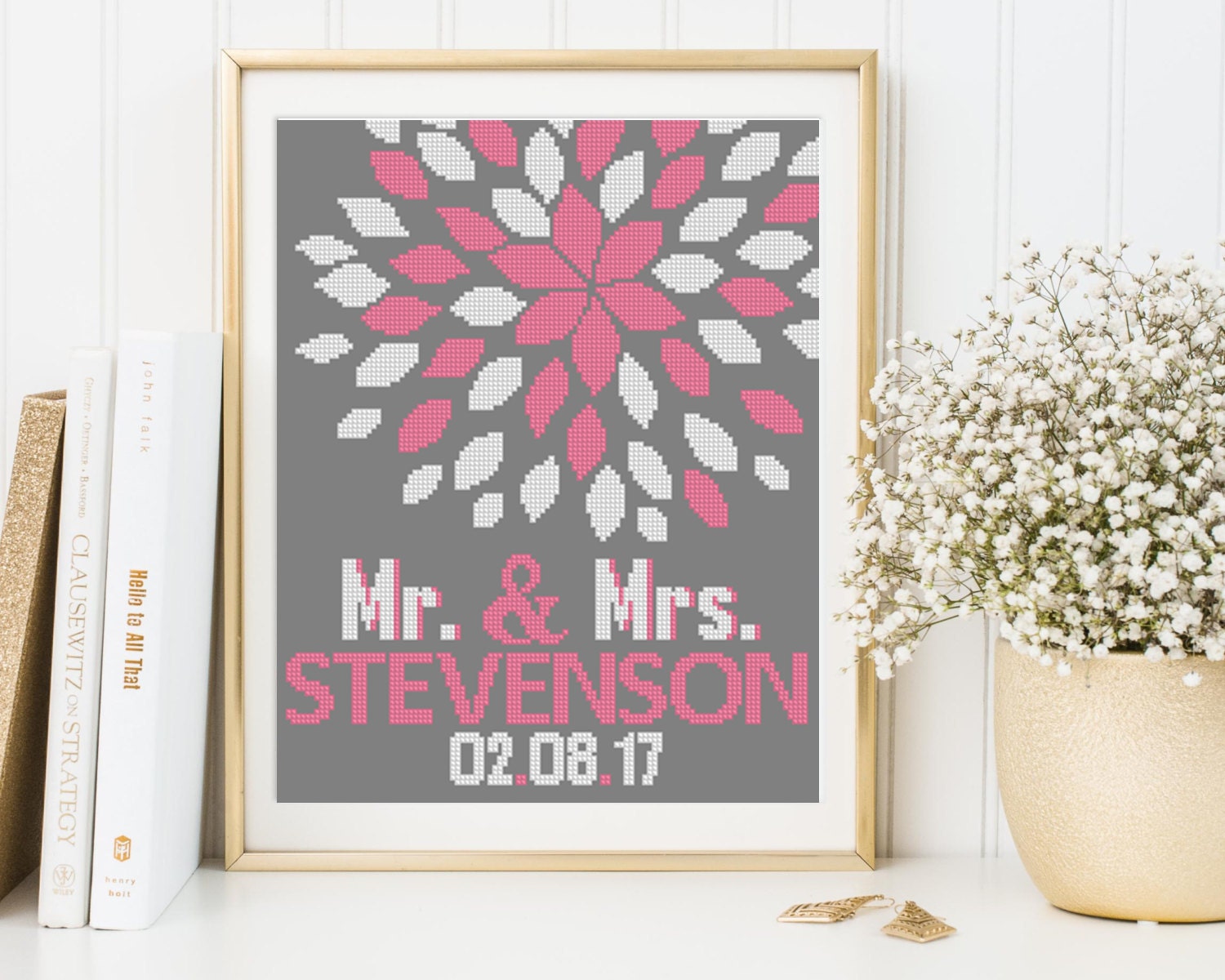 Modern Wedding cross stitch pattern wedding gift flowers