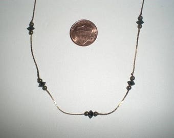 Vintage Deco Jet Crystal Glass And Brass Beaded Chain 16" Necklace R546