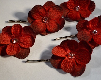 Hair Pin- Red Hydrangea Flower with Swarovski Crystal