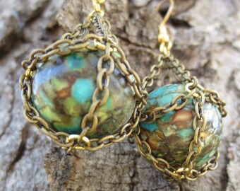 Basket Chained Mosaic Turquoise Rounds Earrings