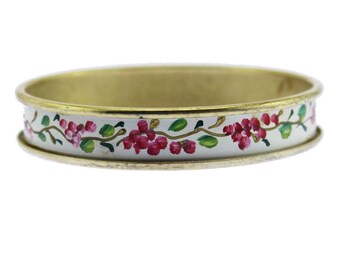 White Enamel Bangle Bracelet, Pink Flower Bangle Bracelet, Enamel Flower Bangle Bracelet, Enamel Gold Bangle Bracelet