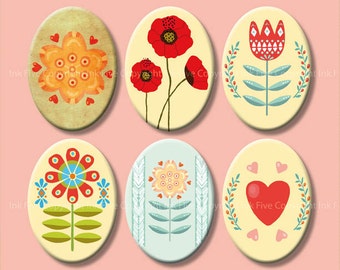 Scandinavian Flowers Digital collage sheet 18x25 mm ovals. Printable images for cabochons, cameos, pendants. Nordic instant digital download