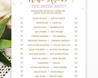 Who Knows the Bride the Best, Bride Trivia Game, Pink and Gold Bridal Shower, Bridal Shower Games, Bachelorette Party Game, PDOTS