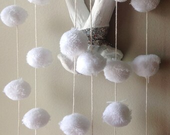 White Pom Pom garlands, 1" cotton Pom Pom. Birthday Pom Pom Garland, Bridal shower garland, Baby shower garland.