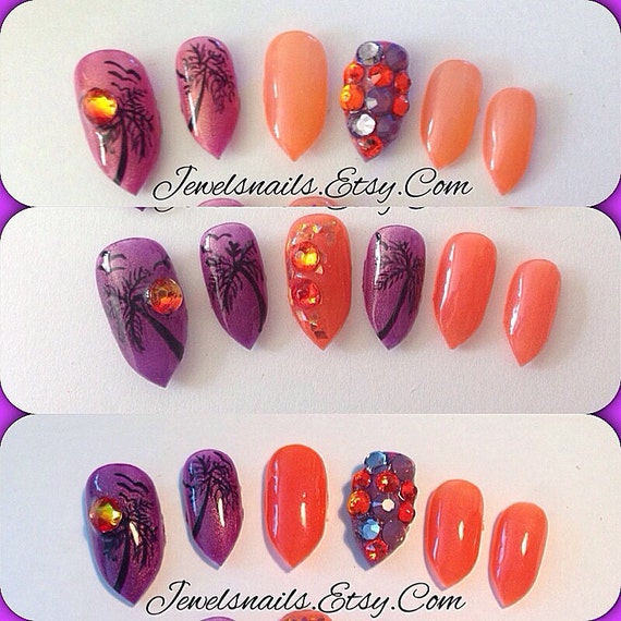 Items Similar To Sunset Designs, Swarovski , Gel Mood Polish Items similar to Sunset designs, Swarovski , Gel Mood polish (changes colors) Press on nails, false nails, fake nails, Gel nail art, custom stiletto nails ... - Items Similar To Sunset Designs, Swarovski , Gel Mood Polish