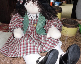 Vintage Life Size Doll Girls Doll Mary Margaret Handmade Toddler Doll Plaid Dress Black Calliope Shoes Brunette Doll