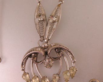 Vintage 1940's Cannetille Filigree Rhinestone Sterling Silver Pendant Necklace Sgd C CO. Vintage Jewelry Gift for Her