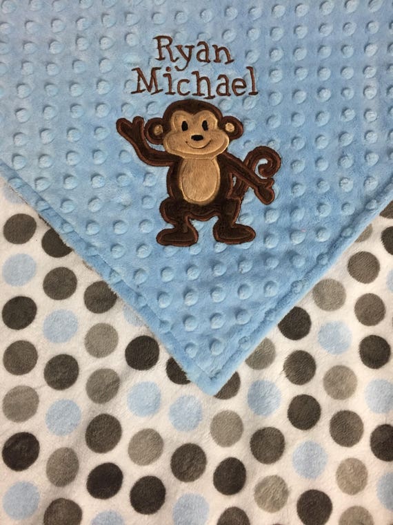 Minky Baby Blanket Monkey Blanket Light Blue Dimple Dot and