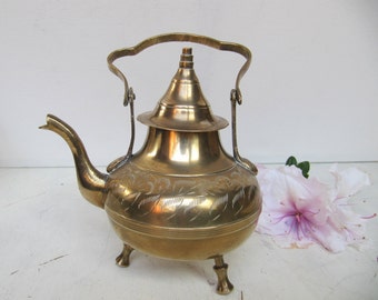 Vintage Etched Brass Teapot, Decorative Brass Teapot, Brass Home Decor, Footed Teapot, Gifts under 50