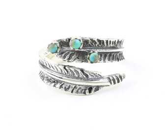 Sterling Silver Feather Turquoise Ring, Boho, Bohemian, Gypsy, Festival Jewelry, Gemstone, Southwestern