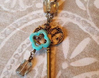 Brass smokey quartz key Y necklace