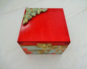 Red Jewelry Box, Christmas Gift, Small Trinket Box, Wooden Gift Box, Small Jewelry Box, Decoupage Box, Decoupage Gift, Red Keepsake Box