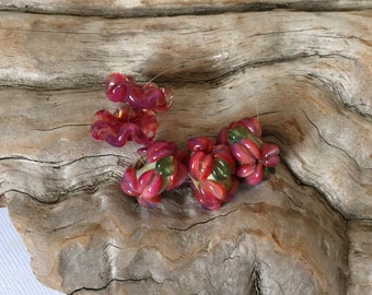 INVENTORY REDUCTION — 3 Handmade Artisan Floral Lampwork Beads with 2 Matching Ruffles