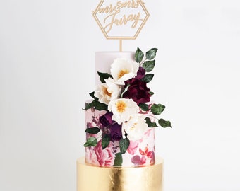 Custom Wedding Cake Topper, Personalized Cake Topper, Geometric Cake Topper, Hexagon Cake Topper, Engagement Cake Topper, Wood Cake Topper