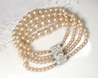 1940 Art Deco Multi Strand Pearl Bracelet Champagne Ivory Glass Pearl Bridal Bracelet, Ornate Silver Rhinestone Clasp Gatsby Vintage Wedding