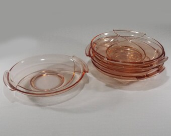french Pink Depression Glass Fruit Bowls, Sherbert Dishes Compote Relish Bowls, Dessert Plates, Set of 5. Shabby Pink Glassware 1930 s