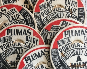 Vintage Milk Caps~ Plumas Dairy~Dairy Cap~Milk Bottle~Junk Journal~Ephemera~ Set of 8