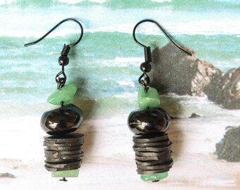 Adventurine (handmade earrings from recycled bicycle inner tube and beads)