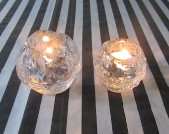 ANN WARFF - Kosta Boda Snowball - Set of two clear glass/crystal votive candle holders - One large one small - Made in Sweden - 1970s