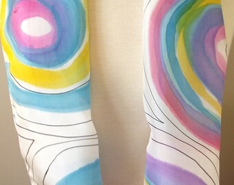 Hand Painted Silk Infinity Scarf, Rainbow Circles in Aqua, Blue, Mauve, Pink and Yellow with Black Lines, 9x60