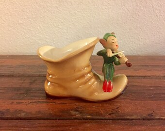 Ceramic Pixie Sitting on a Boot Planter / Vintage Collectible / Josef Original / Vase / Elf