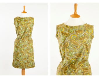 Vintage Original 1960s Green and Brown Paisley Shift Mini Dress UK 8 10