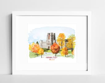 Virginia Tech Hokies Watercolor Print | VT College Campus Wall Art | Blacksburg VA