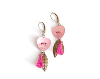 Shaman - Earrings bronze and pink heart Pearl feather charm and tassels