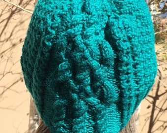 Handknit Teal Cable Hat