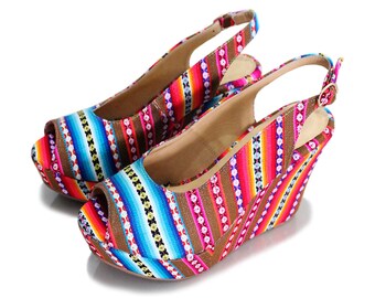 Peep Toe High Heels, Wedge Sandals, Unique Platform Shoes Made With Peruvian Fabric and Leather Lining, Pumps, Sexy Slingbacks - ASIRI